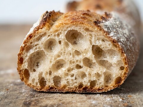 Cross-section of crusty French baguette showing airy crumb structure