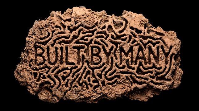 BUILT BY MANY spelt out within an intricate labyrinth of subterranean termite tunnels, symbolizing the powerful concept of collective effort, community, and collaborative success.