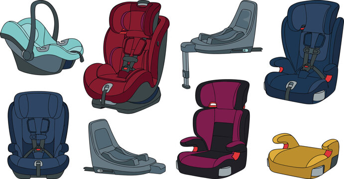 Large vector illustration collection of baby car seats including multi stage convertible models infant carrier bases and boosters