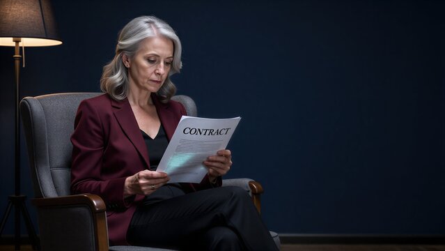A woman in a maroon suit sits, reading a contract under soft lamp light.