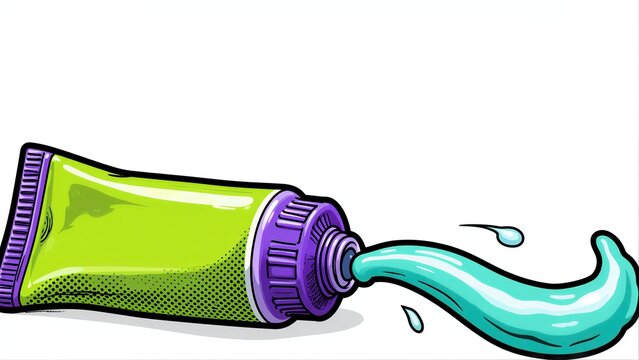 Green tube with purple cap squeezes vibrant teal paint, splattering dynamically.
