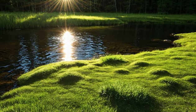 Forest river sun patch water copy space