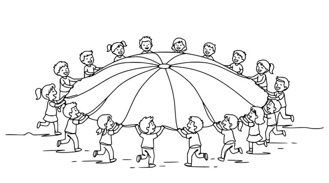 Children Playing Together Holding a Large Parachute Outdoors