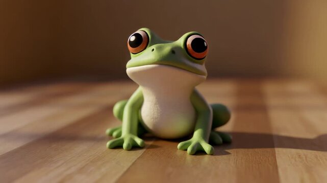 3D animation of a cute frog toy sitting on a wooden table, soft warm lighting, subtle fabric