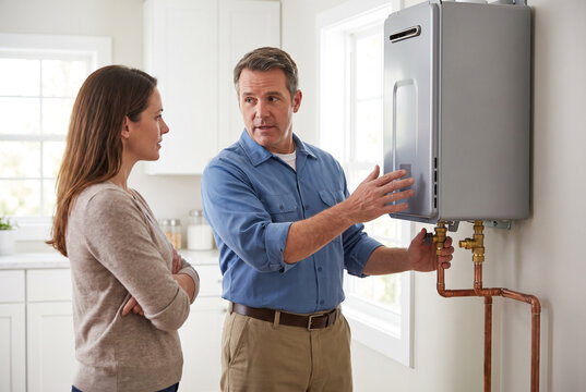 Plumber explains residential tankless water heater to homeowner during service consultation, highlighting plumbing expertise, home maintenance, energy efficiency and repair guidance with copy space.