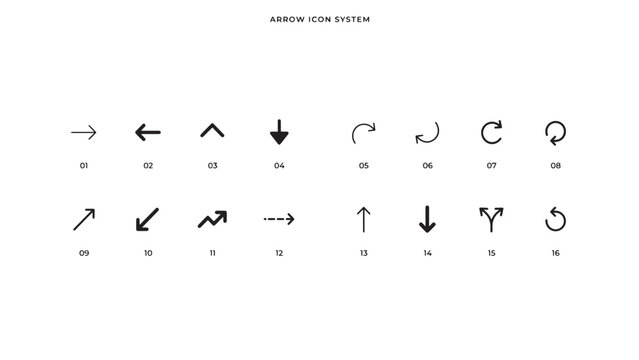 "A grid of arrow icons in multiple styles and directions, symbolizing navigation, movement, and systematic design."