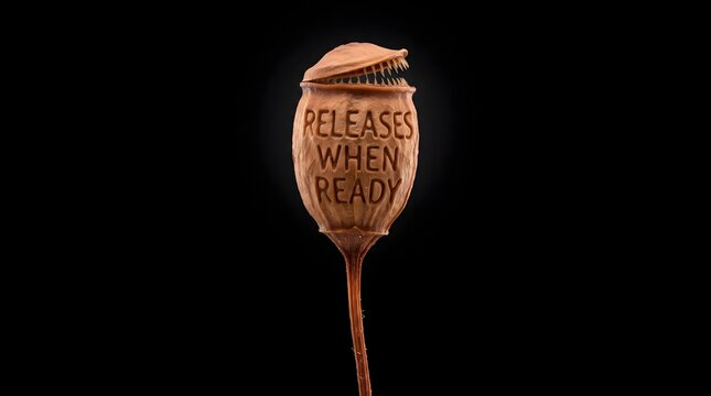 A dried seed pod shaped like a toothy mouth and carved with the words 'Releases When Ready', serving as a metaphorical representation of patience, anticipation, and perfect timing.