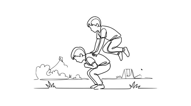 Children playing leapfrog in a park, continuous line drawing