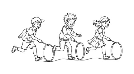 Children playing hoop race, line drawing illustration of kids running with hula hoops outdoors. © Azizi