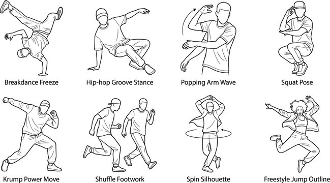 Hip-Hop and Street Dance Moves Including Breakdance Popping Krump and Shuffle Vector Illustration Set