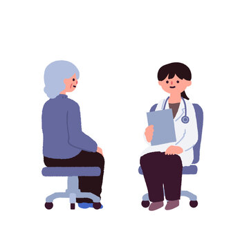医師と高齢女性患者の診察・医療相談イラスト / Illustration of a doctor examining an elderly female patient in a hospital or clinic