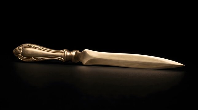 An ornate golden letter opener slicing through shadow on a dark backdrop, symbolizing the power of truth and communication to pierce through hidden secrecy and unlock knowledge.