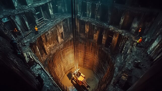 Dramatic shot of a large construction site with workers and heavy machinery