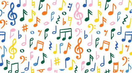 Hand drawn musical notes seamless pattern, colorful sketch music symbols background, artistic doodle clef and melody vector wallpaper © Pixel Verse Studio