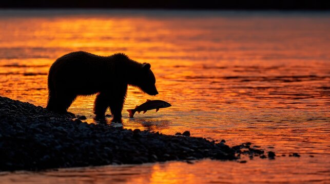 Bear catching salmon at sunset