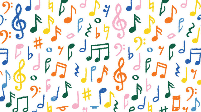 Hand drawn musical notes seamless pattern, colorful sketch music symbols background, artistic doodle clef and melody vector wallpaper