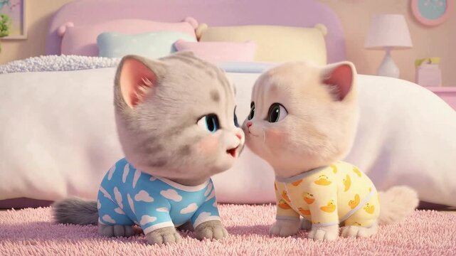 Small fluffy kitten wearing blue cloud pajamas sitting on rug cat pet cute clothing bedroom