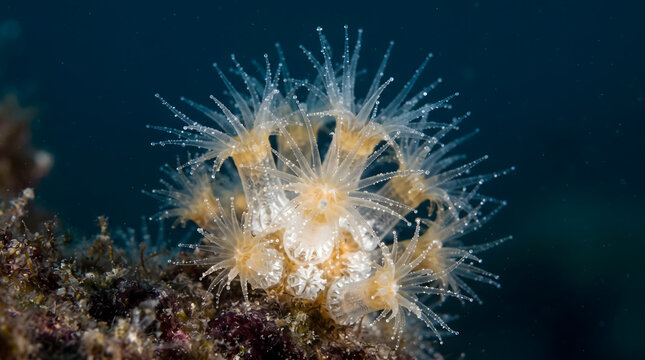 Close-up macro photograph of translucent white cup coral polyps with delicate tentacles extending underwater on a dark rocky reef