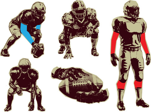 Dynamic American football player poses featuring a halftone clipart cut-out collage with a distressed grunge aesthetic perfect for any creative vintage scrapbook project layout