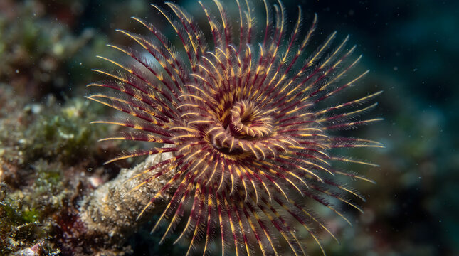 Macro photograph of a colorful feather duster worm displaying its spiral crown of feathery tentacles on a tropical coral reef