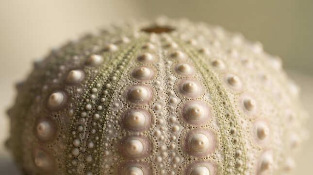 Macro photograph of a detailed sea urchin shell showing natural geometric patterns, textures, and symmetrical tubercles under soft natural light