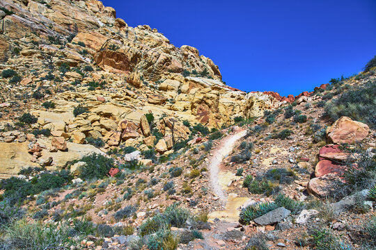 Desert Trail Through Rocky Sandstone Formations and Blue Sky in Nevada