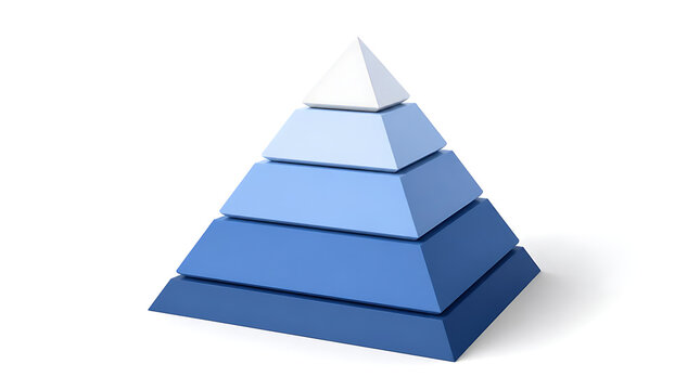 A five level blue 3D pyramid chart isolated on white background.