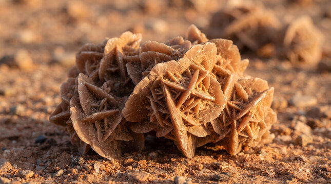 A natural desert rose gypsum crystal formation resting on dry sandy ground in the desert under warm golden hour sunlight