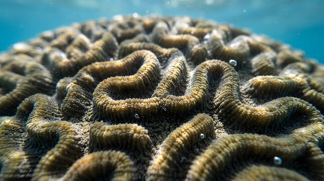 Close-up macro shot of a brain coral under the ocean with sunlight filtering through blue water and tiny air bubbles.