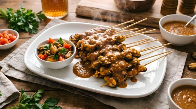 Grilled chicken satay skewers with peanut sauce. Traditional Asian meat appetizer on plate.