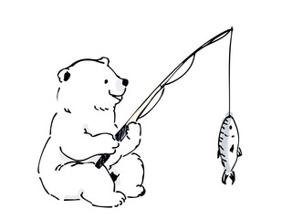 釣りを楽しむ子シロクマ 水彩風手描きイラスト © 桜 みずき