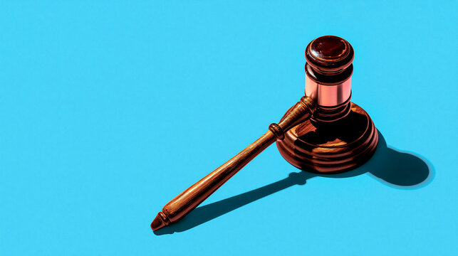 Wooden judge gavel on bright blue background representing law justice and legal authority