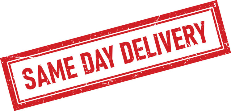 Red rectangular rubber stamp mark with the words same day delivery in a vintage style