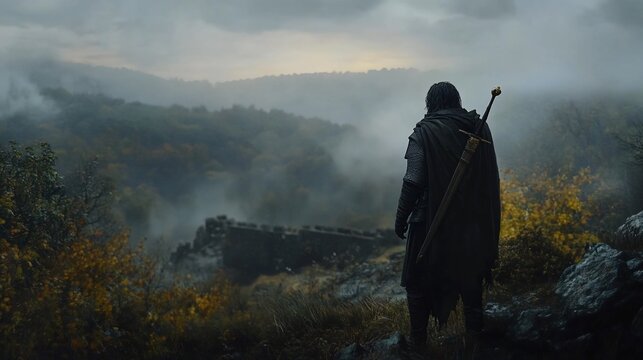 A lone warrior stands contemplating the misty landscape, medieval fantasy world, dramatic and atmospheric scenery