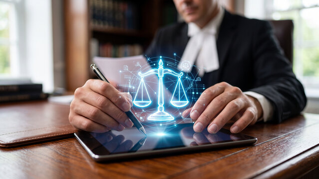 Judge in traditional robes using a stylus on a tablet with a glowing holographic scales of justice icon representing digital law and justice