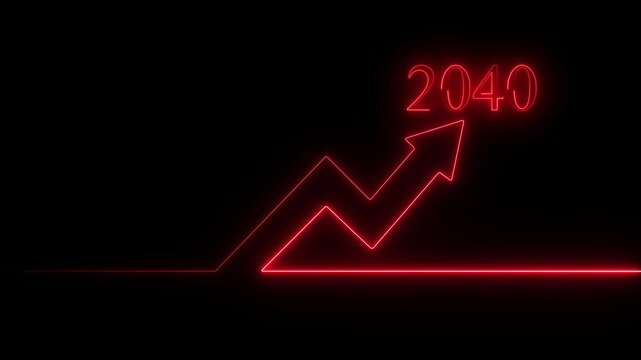 Glowing red neon financial growth chart pointing to 2040 year target on black background, arrow