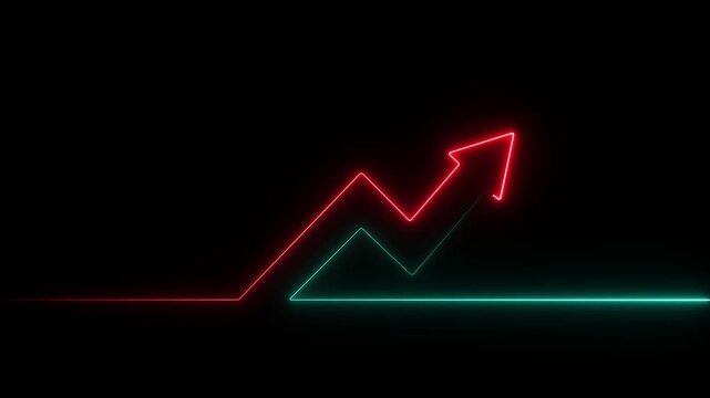 Neon financial growth arrow chart animation, rising business success graph, digital stock market trend concept