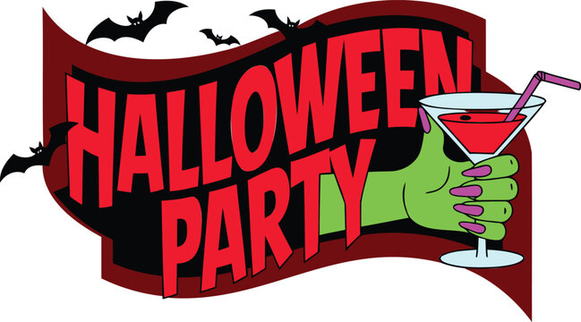 Energetic Halloween Party banner with a green zombie hand holding a festive cocktail and bats flying