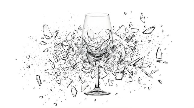 Shattered wine glass exploding into sharp fragments on a white background