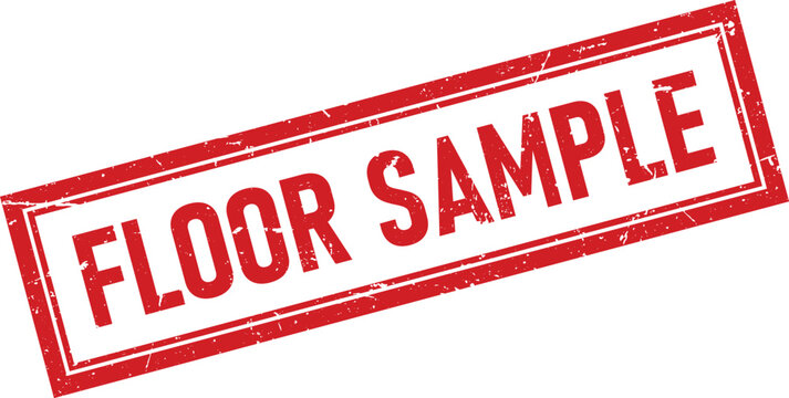 Red rubber stamp impression stating floor sample for retail marketing displays and commercial store product promotions