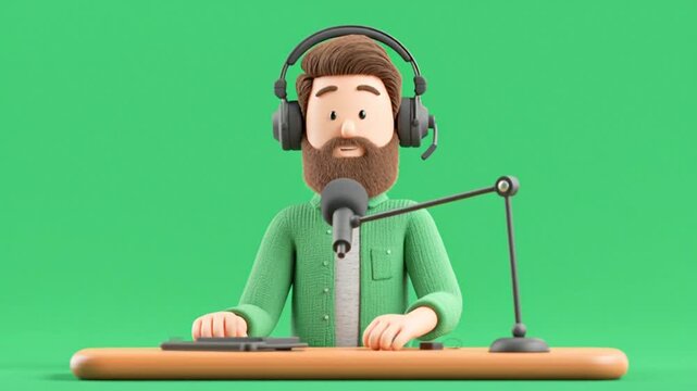 A bearded man is sitting and recording a podcast. He is wearing a headset with a small microphone positioned towards his face, as well as a green cardigan or jacket over a gray T-shirt.green backgroun