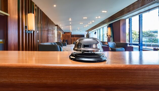 a shiny silver hotel reception bell rests on a polished wooden front desk within a luxurious lobby area creating a professional atmosphere