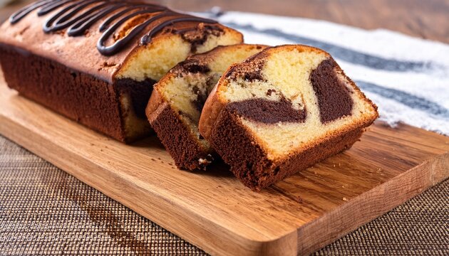classic marble cake on a cutting board moist and fluffy with a delicious chocolate swirl