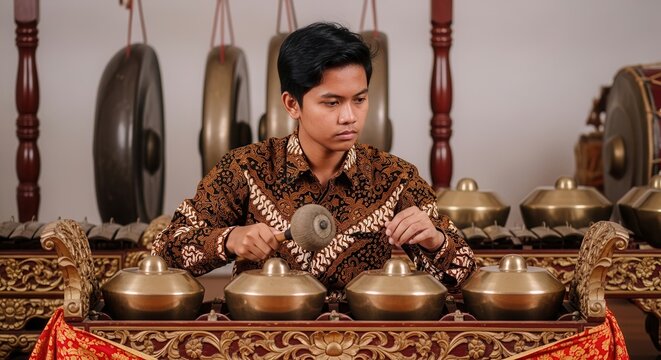 Asian musician playing traditional gong instrument