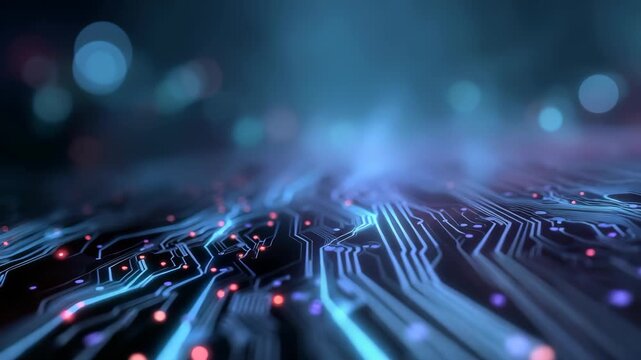 High tech electronic motherboard surface with illuminated pathways, symbolizing modern computing, connectivity. Perfect for illustrating AI, big data, digital transformation themes in technology