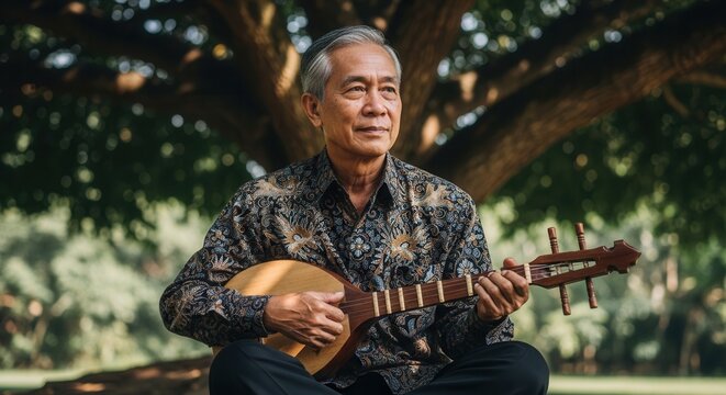 asian senior man playing lute in park