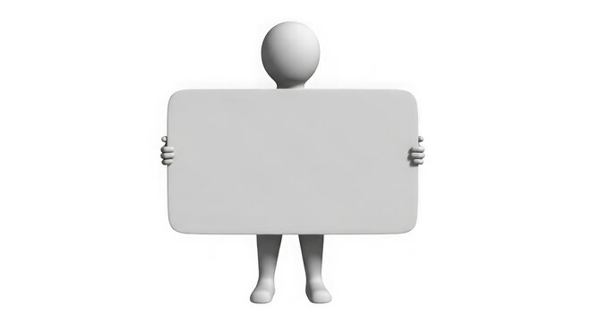 A 3D character holding a blank sign for custom messages and information isolated on transparent background