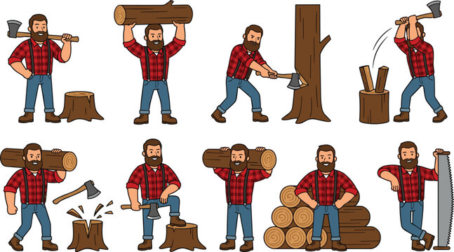 Lumberjack Cartoon Character Vector Set with Bearded Woodcutter Chopping Trees Splitting Wood Logs and Carrying Timber Timberjack Icons
