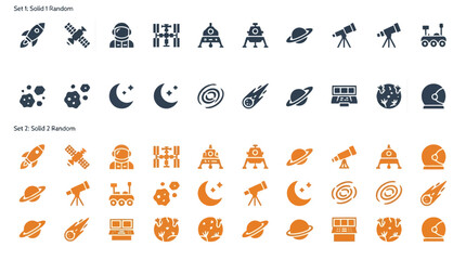 Space exploration and astronomy icons, rocket, astronaut, planets, and celestial objects collection. © Mehedi