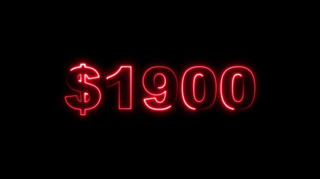 Glowing Neon 1900 Dollars Text Icon Animation on Black Background 4K